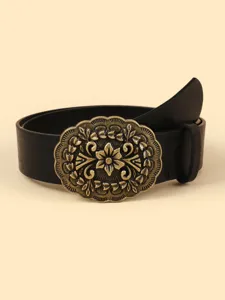 Detailed view of black leather belt with antique bronze floral carved oval buckle.
