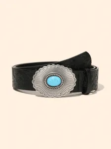 Detailed shot of the retro western style embossed leather belt with a large turquoise buckle.