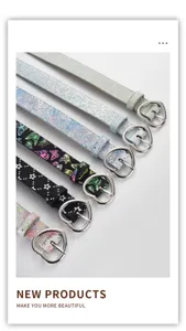 Stylish thin PU belt with heart buckle, glitter and butterfly patterns for casual wear.