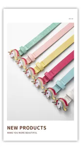 Details of colorful kids narrow belts with cute unicorn metal buckles for stylish outfits.
