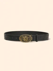 Detail shot of a vintage embossed black leather belt featuring an elegant oval rose metal buckle.