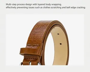 Detail shot of brown embossed crocodile leather women belt showcasing fine edge stitching texture.