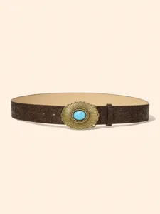 Close-up of the vintage engraved brown leather belt with stunning turquoise stone buckle.