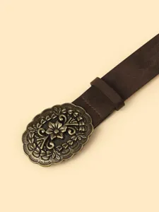 Retro vintage style brown leather belt with ornate bronze floral carved oval metal buckle.