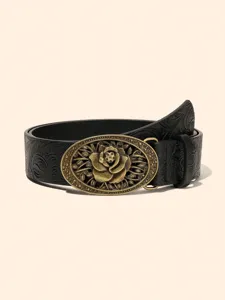Retro vintage rose buckle women leather belt embossed floral brass metal waist cincher.