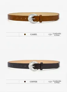 Women's embossed fashion belt with stylish silver pin buckle, elegant daily wear accessory.