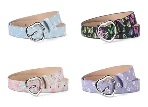 Cute girls PU leather belt with sweet heart metal pin buckle, trendy glitter design, casual wear.