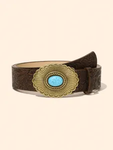 Vintage western embossed brown leather belt with turquoise brass buckle for daily wear.