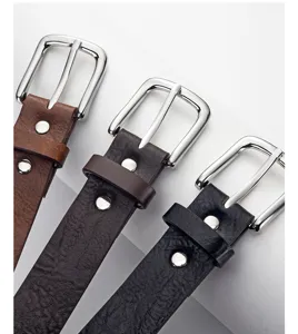 Detailed view of leather belt featuring metallic pin buckle, rivet accents, and fine texture.