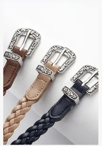 Women braided leather belt with vintage silver metal buckle casual jeans belt multi color pack