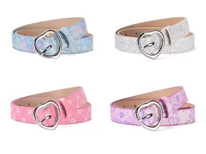 Children women glitter PU leather belt with cute silver heart buckle fashion accessory