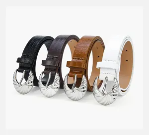 Detailed view of women fashion embossed leather belts with stylish silver pin buckles.