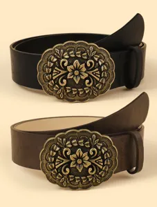 Vintage retro oval buckle belt with carved bronze floral design, casual unisex leather belt.