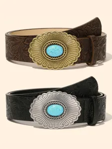 Vintage western style embossed leather belt with large turquoise stone buckle detail.