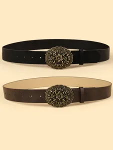 Detailed view of vintage retro style unisex leather belts featuring intricate bronze floral oval buckles.