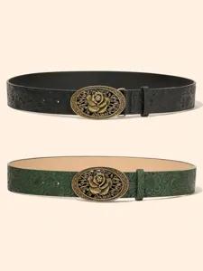 Retro embossed leather belt for women featuring an antique bronze oval floral metal buckle.