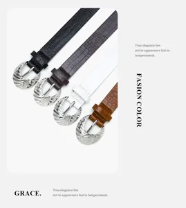 Women embossed belt with silver metal buckle, stylish daily commute accessory for jeans.