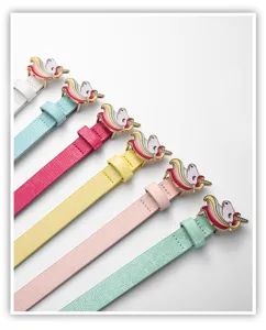 Colorful children's belt with cute unicorn buckle, slim design for versatile kids fashion.