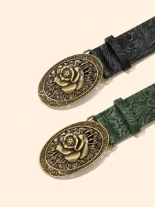 Vintage embossed leather belt with ornate oval rose metal buckle detail for women fashion style.