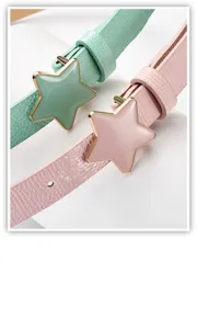 Close-up detail of cute star buckle belts in mint green and pink with texture design.