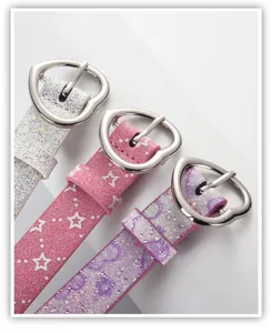 Close-up detail of glitter heart buckle thin belt with star pattern for women and kids.