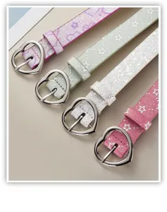Glitter heart buckle thin PU leather belt detail, stylish star pattern casual decorative belt.
