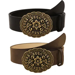 Vintage oval buckle belt with bronze floral carved design, unisex casual leather belt.