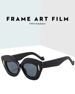 Occhiali da sole cat-eye irregolari alla moda da donna, montatura nera chic stile lusso.