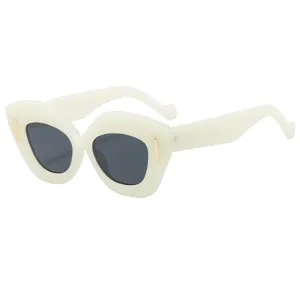 Occhiali da sole cat-eye irregolari chic da donna con montatura bianca spessa e lenti scure.