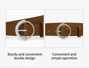 Brown leather belt detail close-up showing stylish metal half-circle buckle design and belt holes.