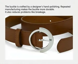 Close up detail of brown leather belt with silver tone metal ring buckle craftsmanship.