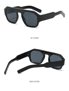 Schwarze Sonnenbrille Detailansicht mit flacher Oberkante im 45 Grad und Ruckseitenwinkel.