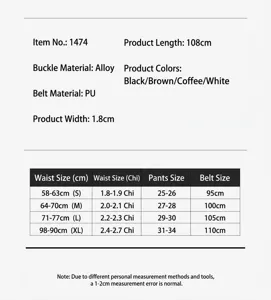 Detailed size chart and specifications for women's minimalist casual belt, versatile accessory.