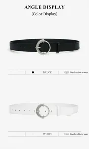 Women minimalist casual leather belt with stylish round metal buckle in black and white colors.
