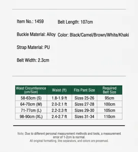 Detailed size chart and specifications for women's stylish belt, showing dimensions and fit.