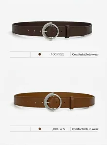 Women minimalist leather belt with metal circle buckle casual waist belt for jeans dress.