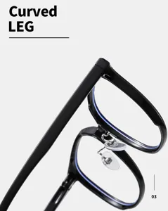 Black square blue light blocking glasses detail showing curved temple design for wear.