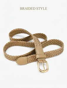 Women braided PU leather belt vintage casual waist belt for dress jeans khaki accessory