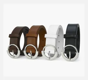 Detail view of multi-color casual women leather belts with round metal buckles, stylish waist.