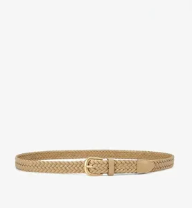 Close-up detail of the beige braided PU leather belt with a delicate gold-tone metal buckle.