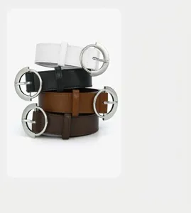 Minimalist women's wide belt set featuring retro metal round buckles and classic solid colors.