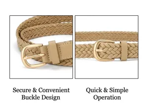 Women PU leather braided belt detail showcasing vintage gold buckle and fine woven texture.