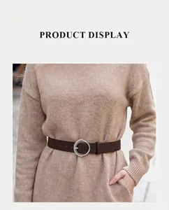 Stylish brown leather waist belt with metal round buckle for women, versatile casual accessory.