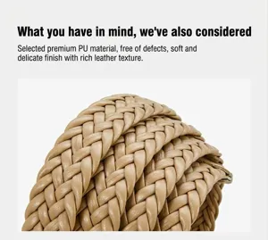 Women vintage braided PU leather belt close up detail view, elegant textured waist accessory.