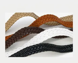 Detailed view of women's braided PU leather belts in assorted colors with fine woven design.
