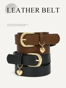 Minimalist stylish women leather belt set featuring cute heart pendant and gold buckle