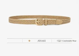 Women casual woven braided belt khaki PU leather with gold buckle for everyday wear style.