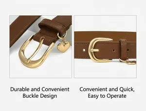 Close-up details of brown PU leather women belt featuring gold heart charm buckle.