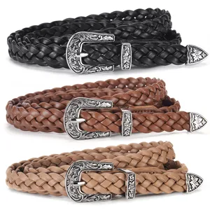 Vintage Woven PU Leather Belt For Women With Engraved Alloy Pin Buckle Casual Braided Waist Strap For Jeans Dresses