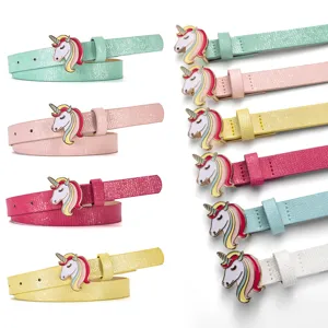 Kids Cute Cartoon Unicorn Buckle Slim PU Leather Belt Sweet Adjustable Textured Waisted Decorative Belt For Boys Girls Pants Dress